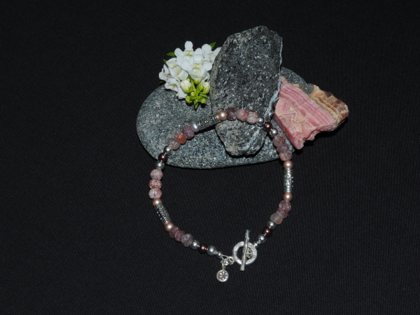 Strawberry Quartz, Crystal Pearls and Sterling Silver Bracelet