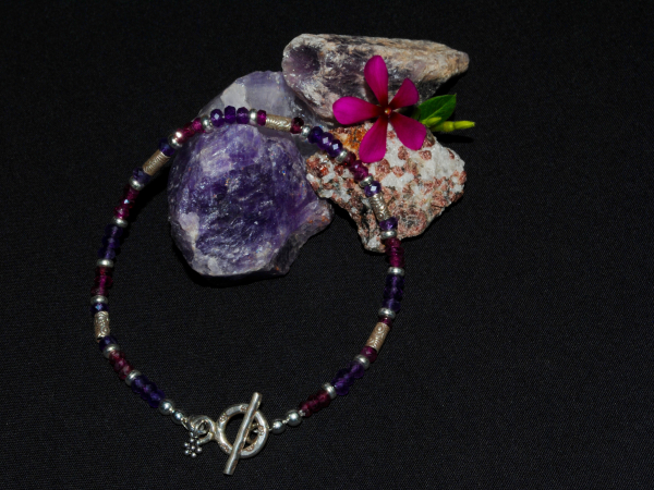 Amethyst, Red Garnet and Sterling Silver Bracelet