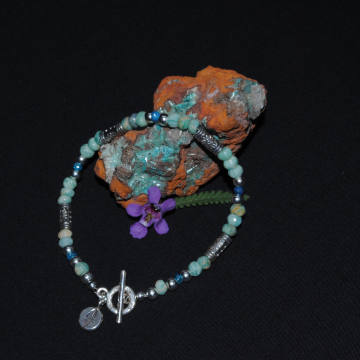 Blue Amazonite, Teal Blue Quartz and Sterling Silver Bracelet