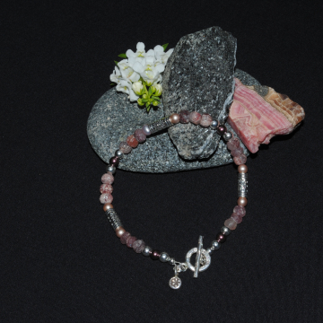 Strawberry Fields (7 inches); Strawberry Quartz, Crystal Pearls, and Sterling Silver Bracelet