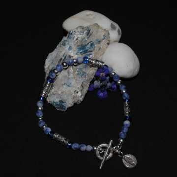 Serene Sky (7 inches); Blue Sodalite Beads, Swarovski Pearls and Sterling Silver Bracelet